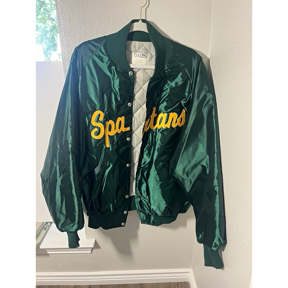DeLONG Varsity Jacket Mens XL Green Snap Front Embroidered Lined Insulated